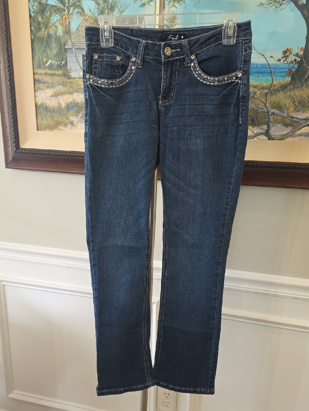 Earl Jeans Dark Blue Boot Cut Slim Look Jeans with Embellished Pockets